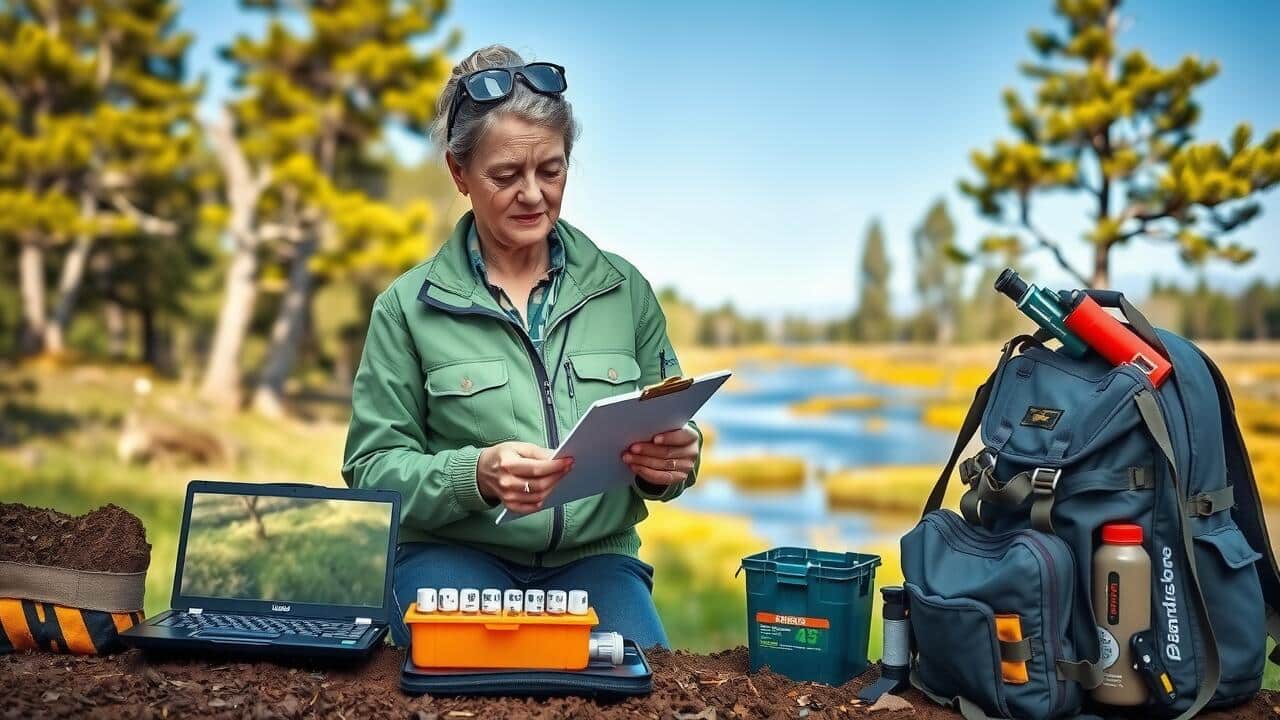 A person in outdoor gear sits at a field site with a clipboard, samples, and equipment, conducting research near a pond—much like how commercial air duct cleaning Lewisville teams inspect and analyze indoor air environments.