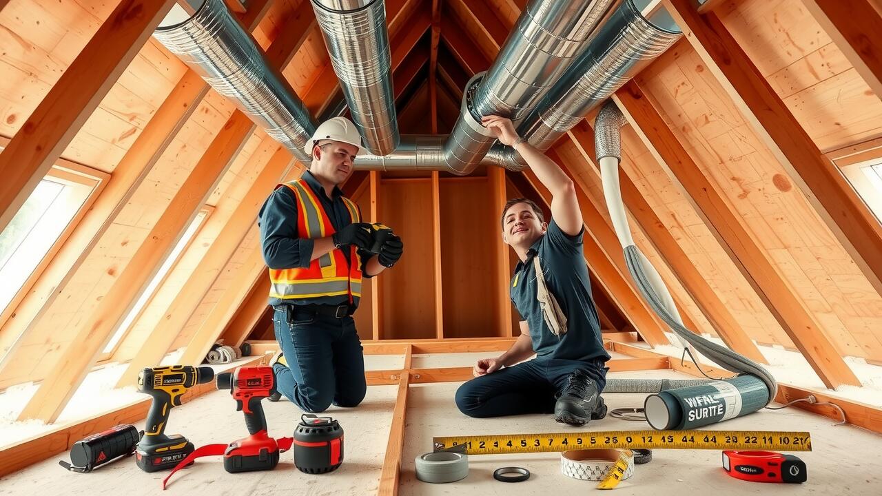 Two workers in an attic install HVAC ducts with drills and tape measures on the wooden floor, ensuring proper setup before air duct cleaning Lewisville services are performed.