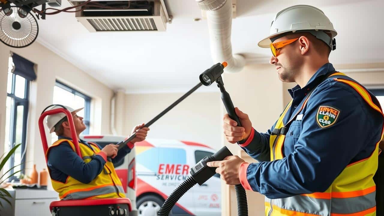 Two workers in safety gear perform air duct cleaning lewisville, using specialized vacuum equipment on an indoor air duct system, with a service van visible outside the window.