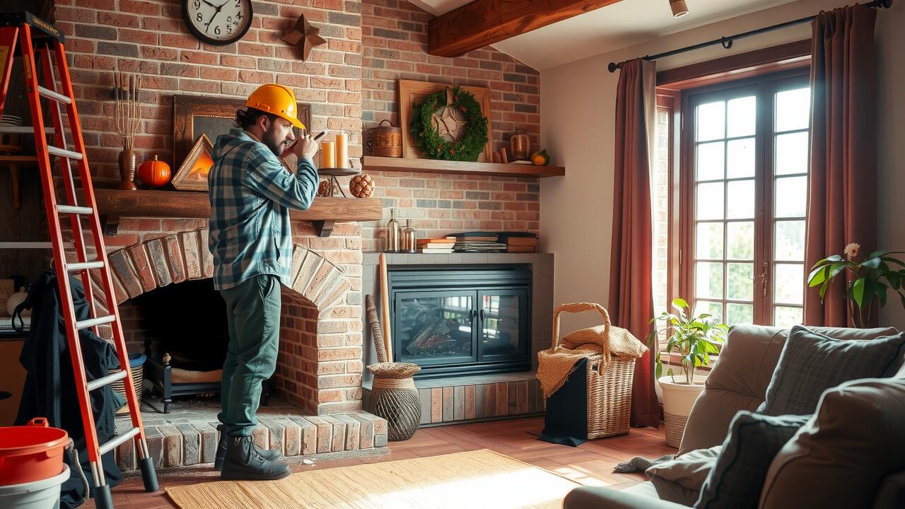 A person wearing a yellow hard hat inspects a living room fireplace area with a flashlight; a ladder and tools suggest air duct cleaning, and sunlight enters through a large window.