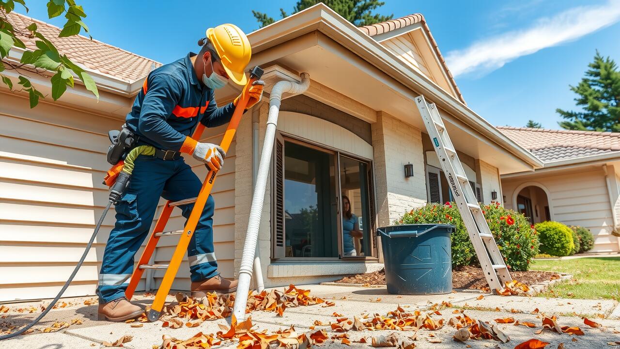 A worker wearing safety gear and a mask stands on a ladder cleaning leaves from a house gutter, with tools and a bucket nearby on a sunny day—similar to professional dryer vent cleaning Lewisville services.