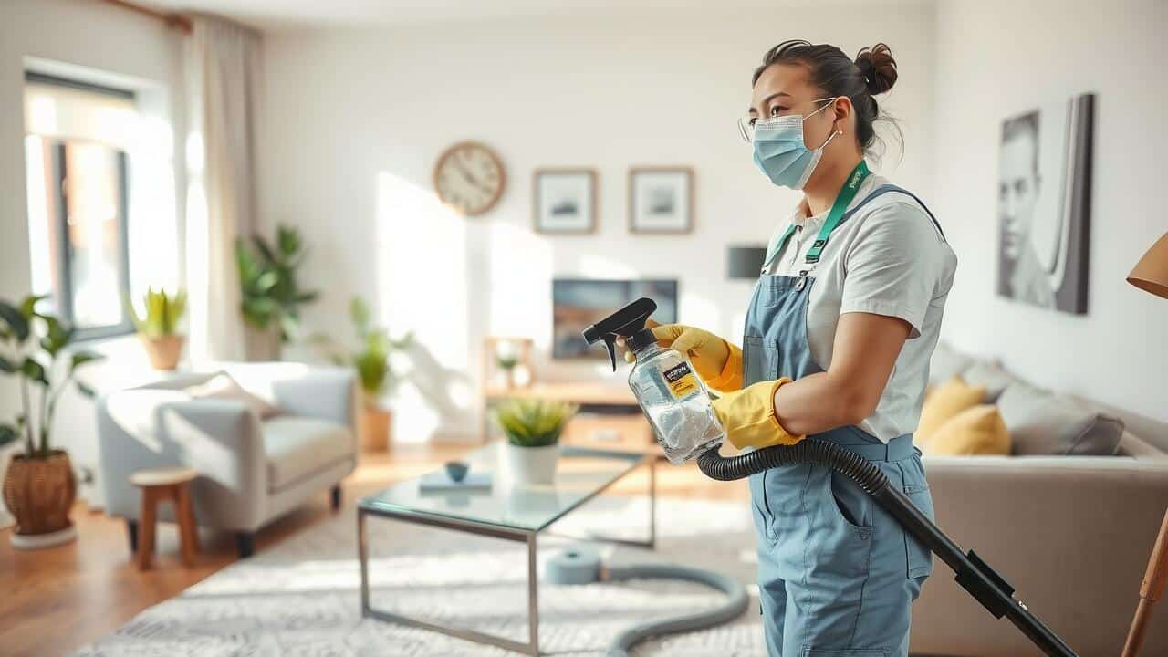 A woman in cleaning attire, wearing a face mask and gloves, holds a spray bottle and vacuum in a tidy, well-lit living room—ready for carpet cleaning Lewisville or dryer vent cleaning Lewisville services.