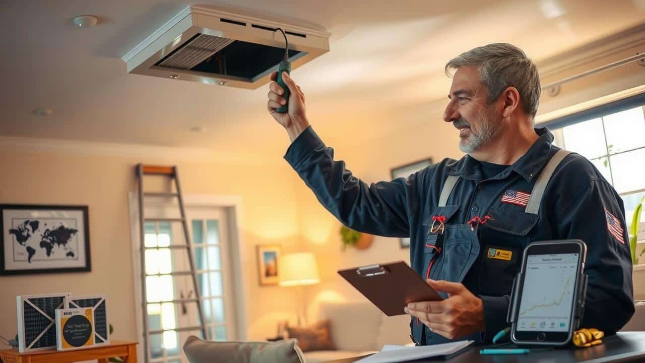 A technician inspects a ceiling air vent with a flashlight and clipboard in a well-lit living room. Tools and a ladder are visible, highlighting the thorough air duct cleaning Lewisville TX residents trust for cleaner indoor air.