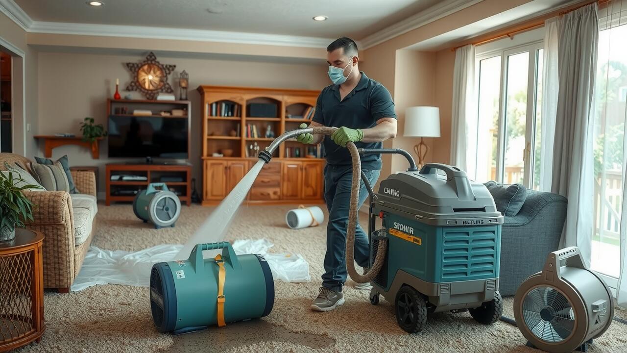 A man wearing a mask uses professional cleaning equipment to dry out a living room with fans and a dehumidifier after commercial air duct cleaning lewisville.