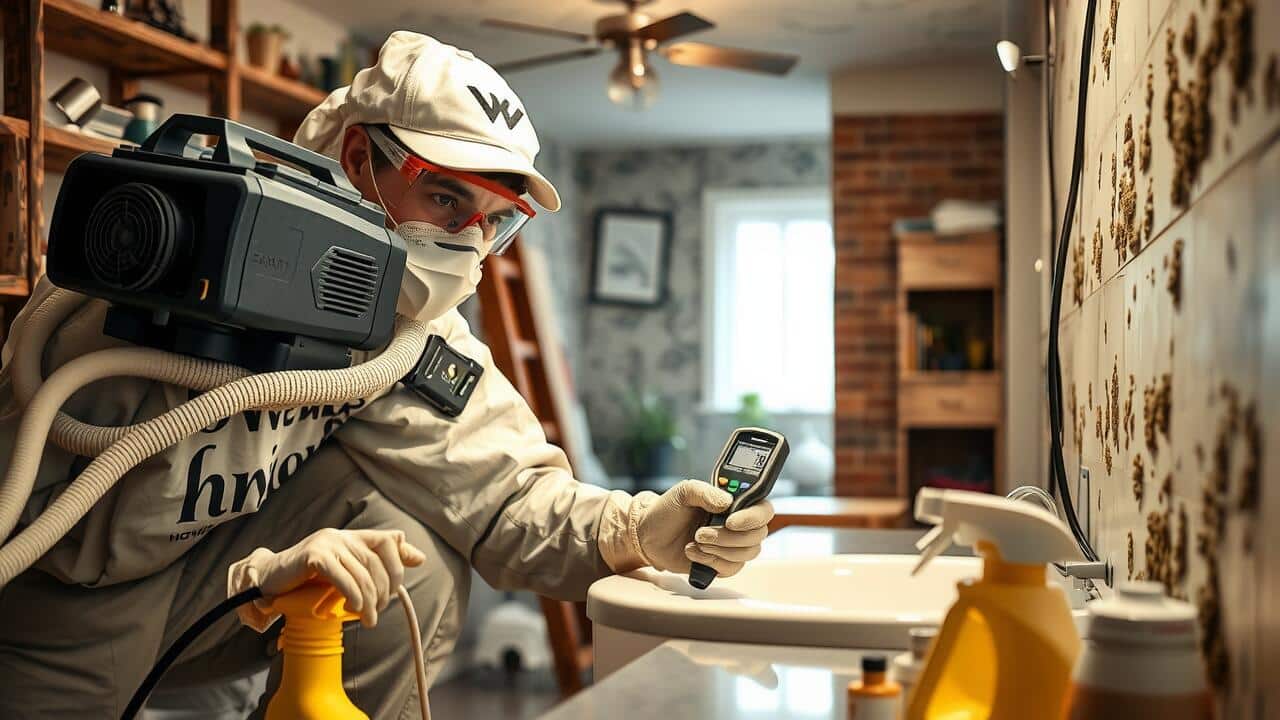 A worker in protective gear inspects bathroom mold with a moisture meter and spray bottle, surrounded by cleaning supplies—much like the thorough care used in commercial air duct cleaning Lewisville services.