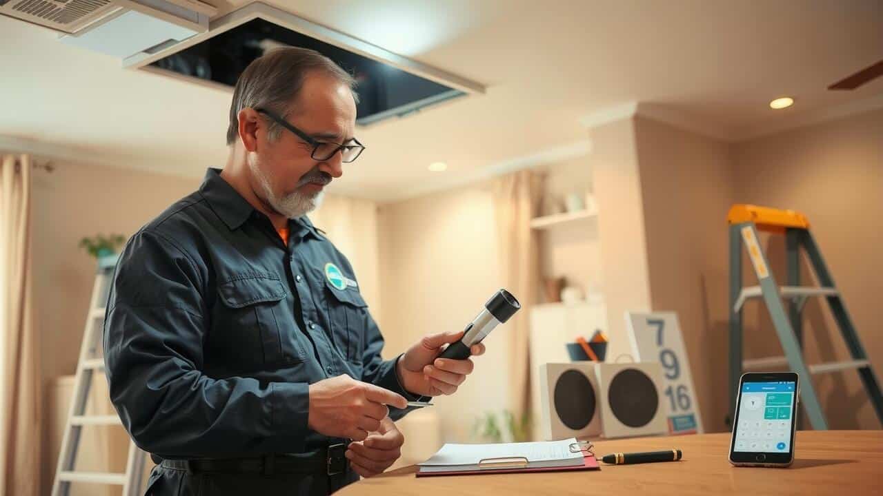 A technician in uniform examines a flashlight next to a clipboard, with a ladder and HVAC vent in the background—an everyday scene for an air duct cleaning Lewisville specialist inside a well-lit room.